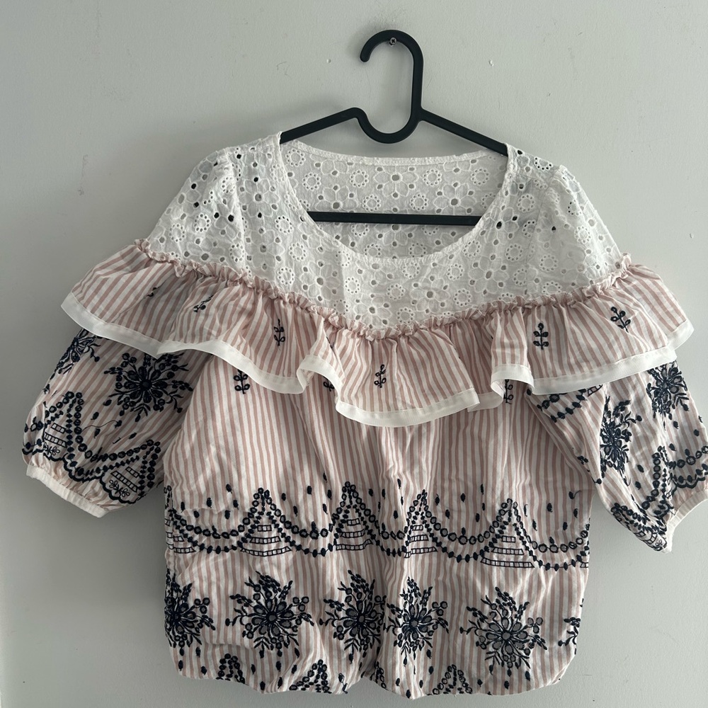 Pink and White Striped Floral Embroidered Eyelit Ruffled Smocked Blouse Top